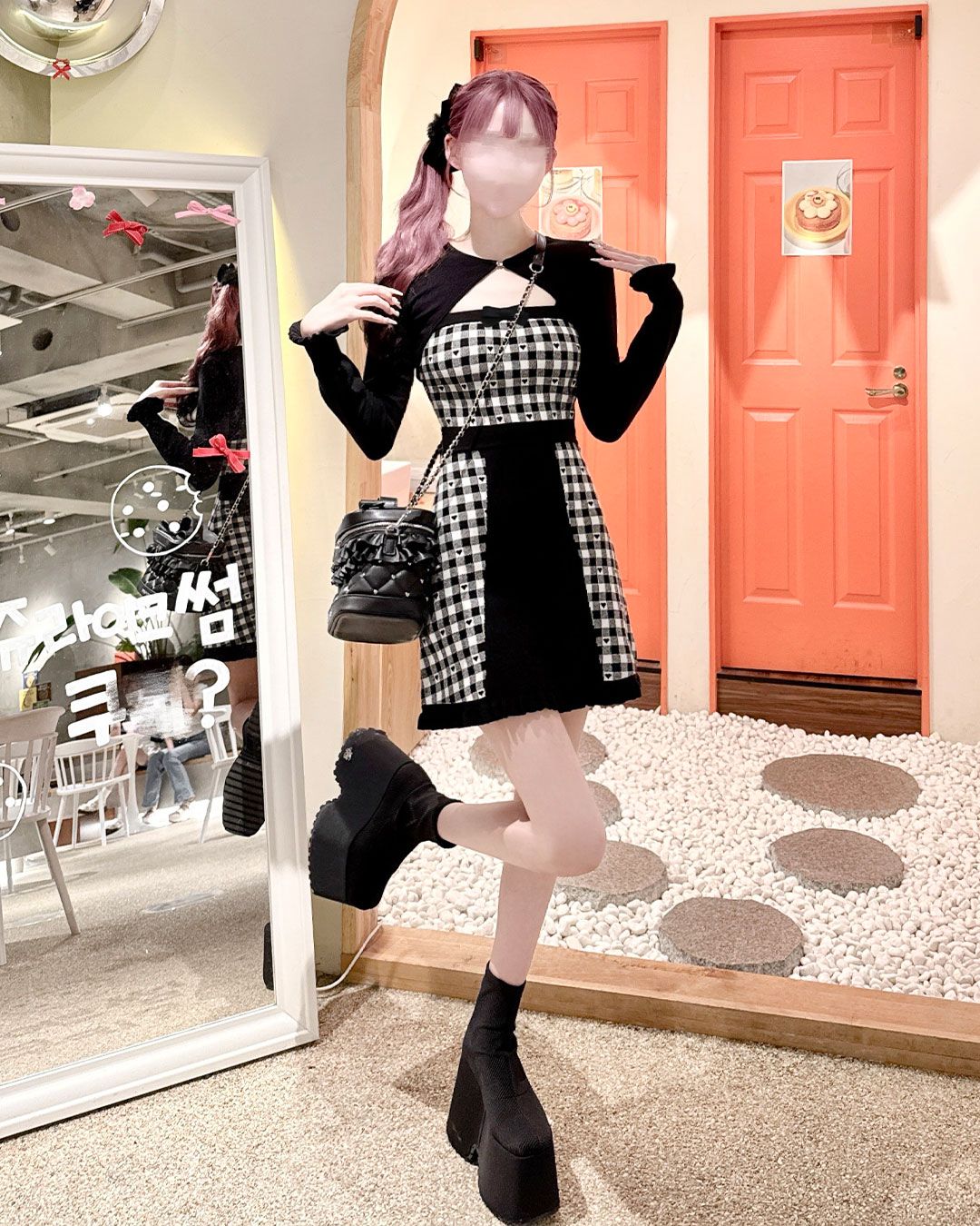 バックリボン×ギンガムハートアンサンブルワンピース グレー