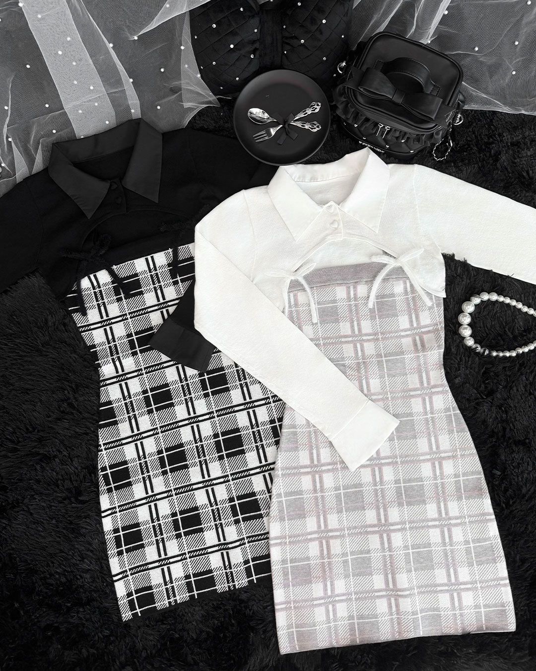 checkアンサンブルロングスリーブワンピース グレー | ファッション