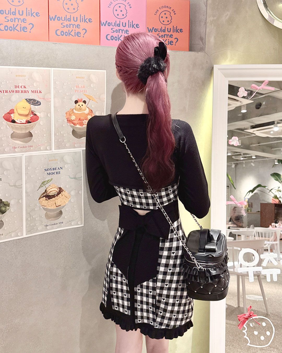 バックリボン×ギンガムハートアンサンブルワンピース グレー