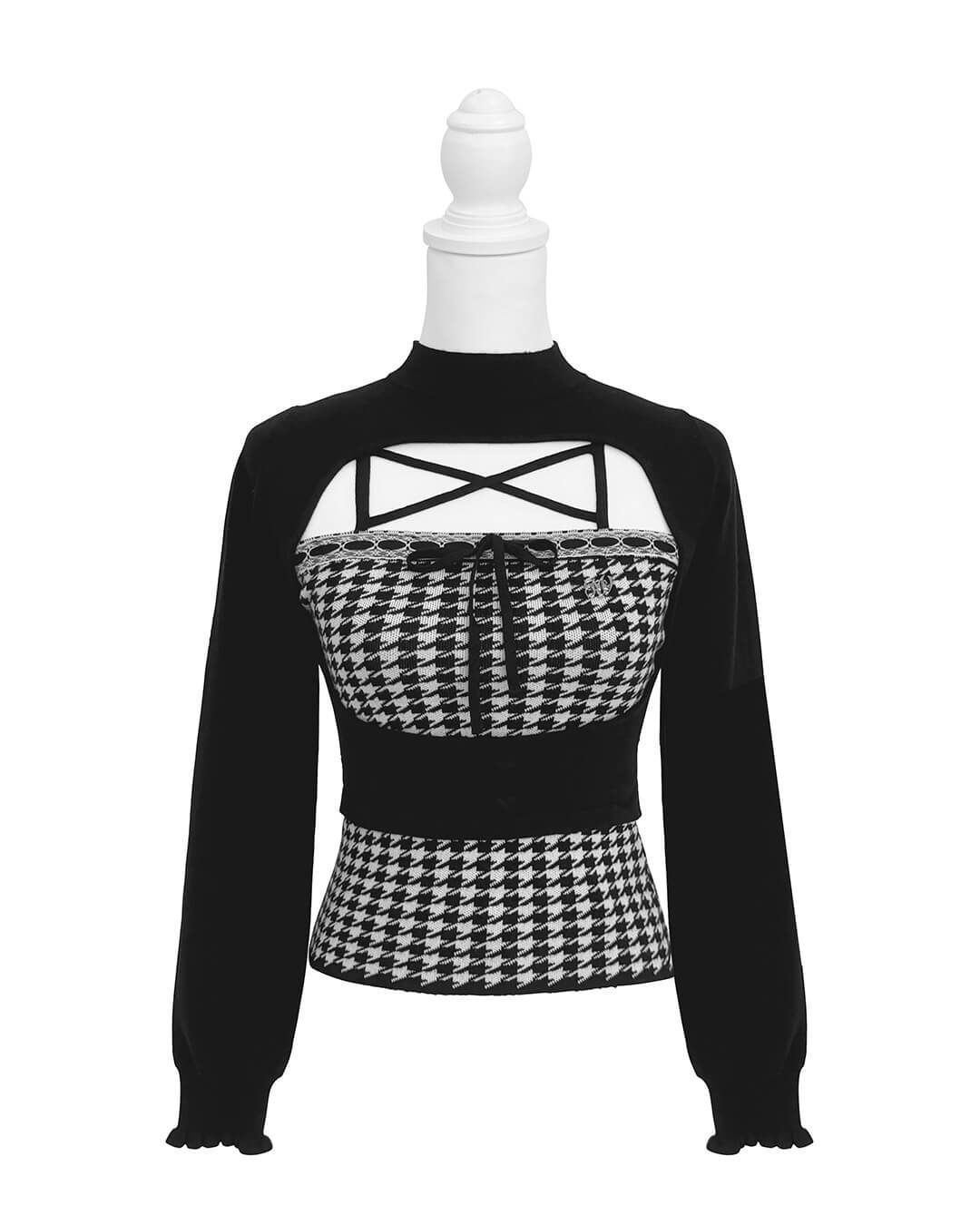 千鳥柄ハイネックアンサンブルトップス ブラック | ファッション通販
