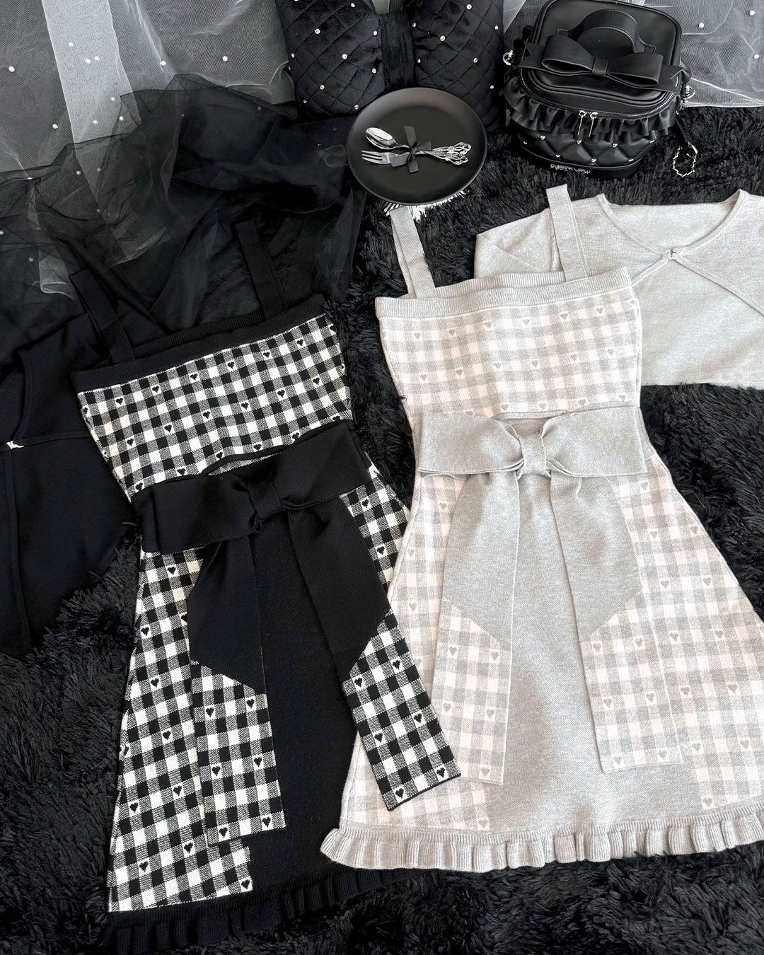 バックリボン×ギンガムハートアンサンブルワンピース グレー