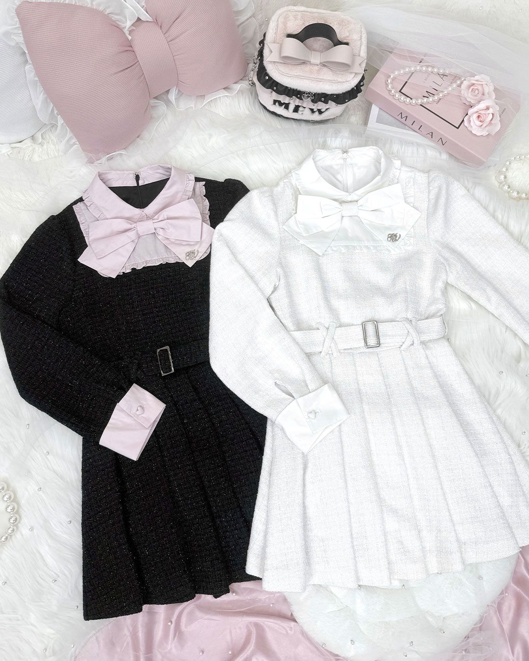 ビッグリボンツイードプリーツワンピース ホワイト | ファッション通販