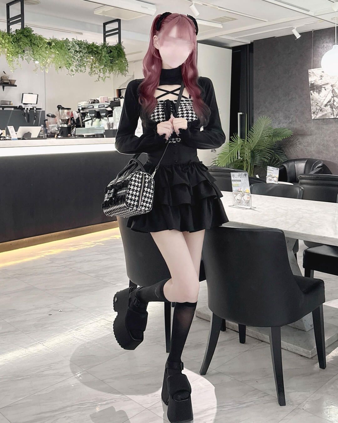 千鳥柄ハイネックアンサンブルトップス ブラック | ファッション通販