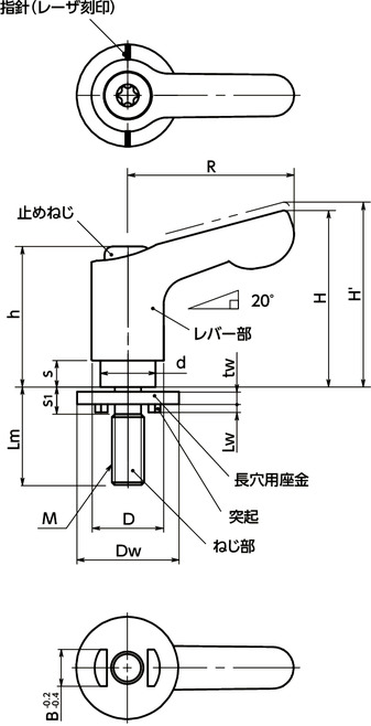 LDCMS-LWP-NI_ミニクランプレバー - 長穴用座金組み込みタイプ