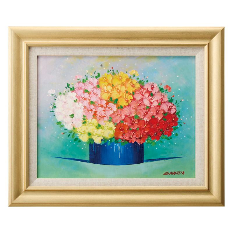 油絵 菅家令子 絵画インテリア額付( 青緑＋金色の枠 )uF6-061004果物