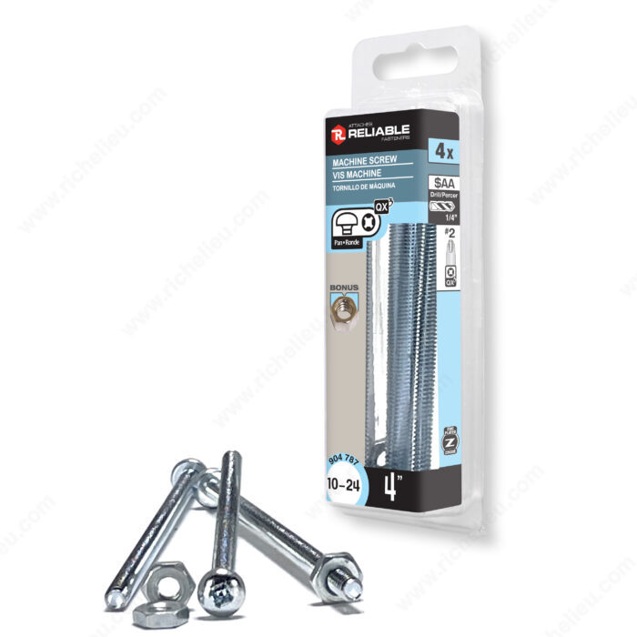 Zinc Plated Machine Screw with Nut, Pan Head, Quadrex Drive, 10-24