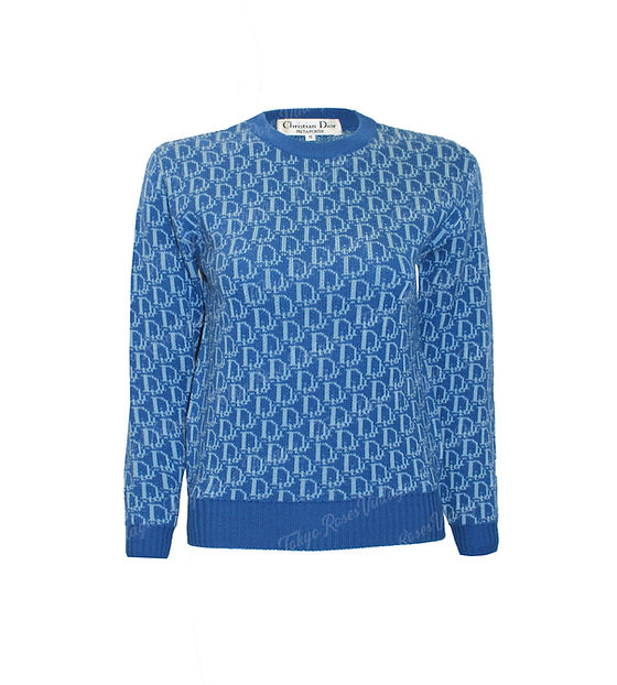 Vintage Christian Dior Knit Logo Monogram Sweater Jumper Blue