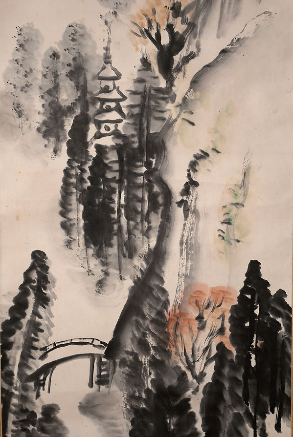 富田渓仙 紙本水墨画 【 春 日 】 妻富田芳子極め箱 軸先 木 347 富田