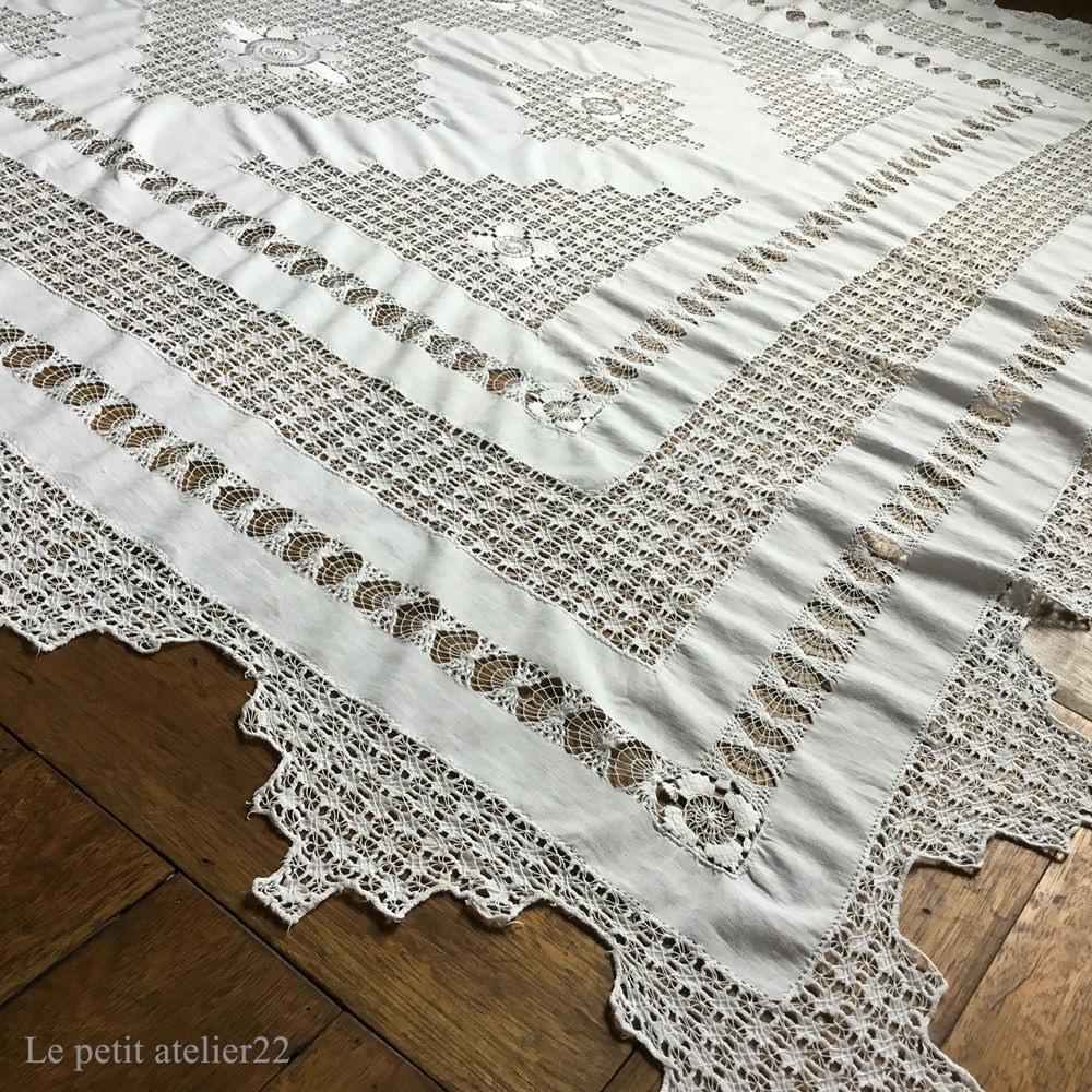 特大)(長方形)フランス アンティーク リネン テーブルクロス ホワイト