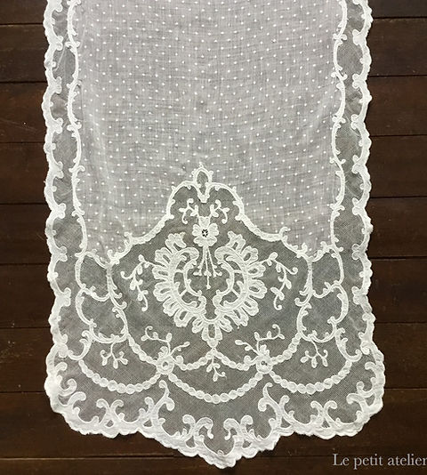 フランス アンティーク レース カーテン ローン＆チュール 刺繍 W 55cm