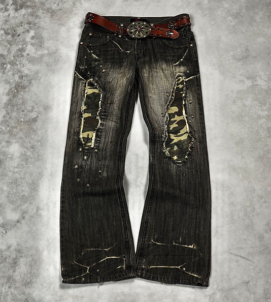 MIDAS DISTRESSED CAMO PATCHWORK FLARED JEANS | Barhaine Archive