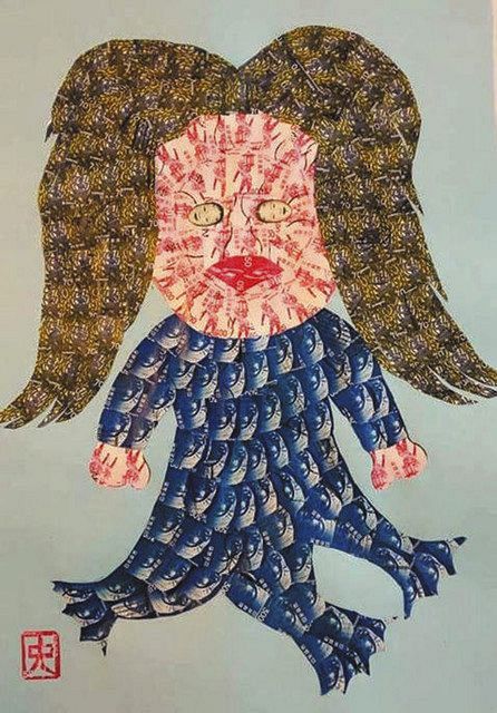 新型コロナ＞切手で貼り絵「怖すぎアマビエ」 「疫病退散 かわいくては