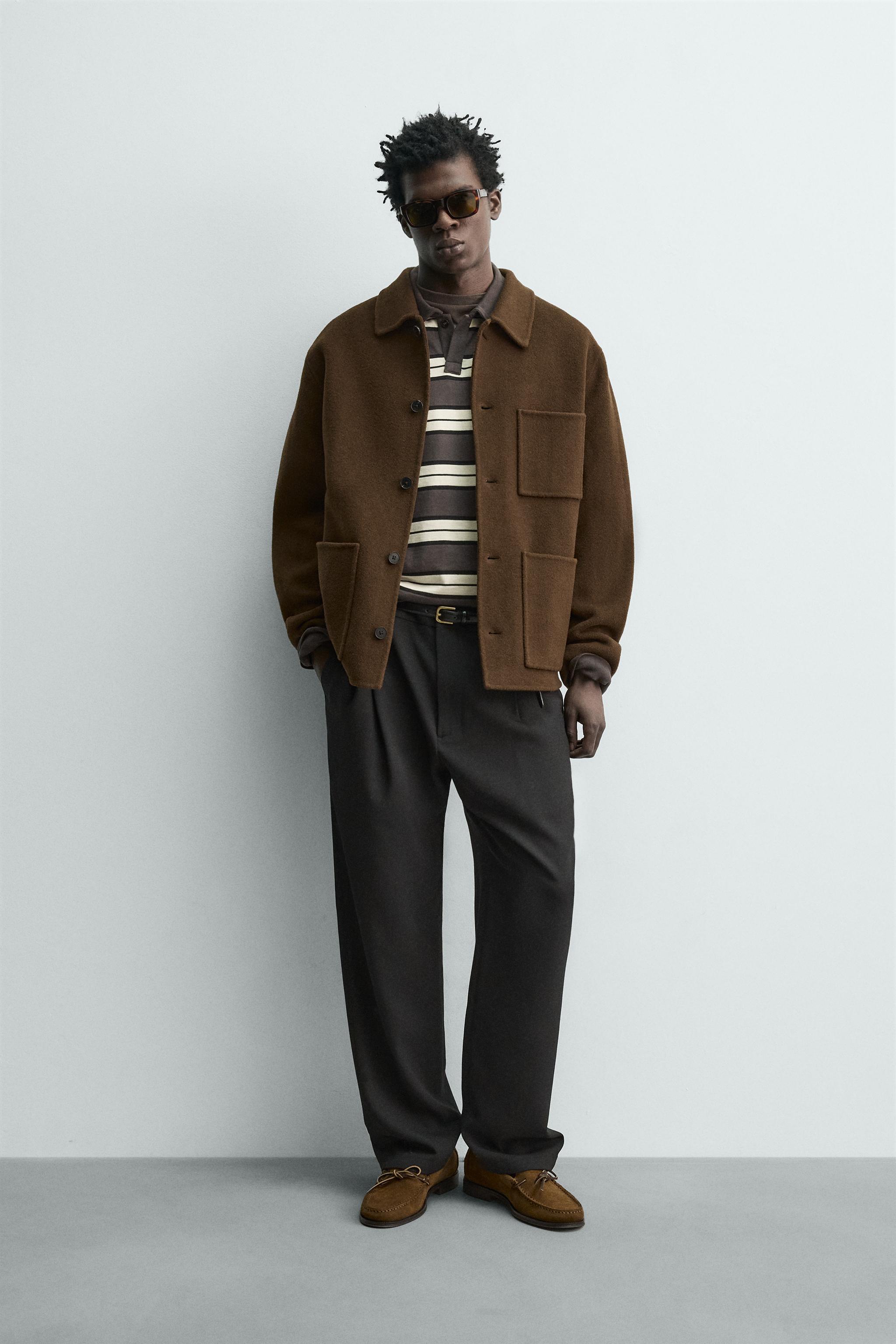 レギュラーフィット100%ウールシャツジャケット - ダークブラウン