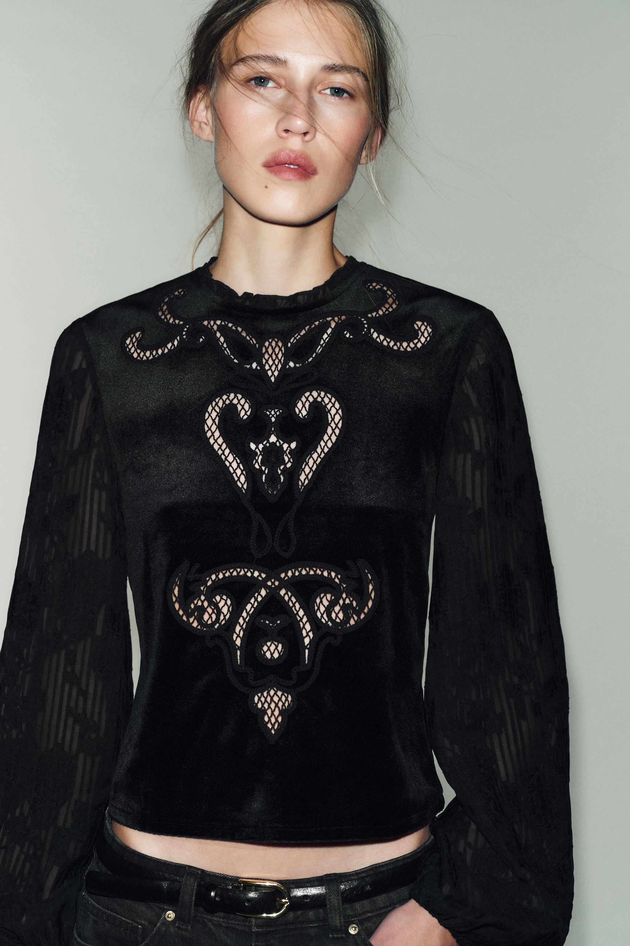 EMBROIDERED VELVET TOP - Black | ZARA Canada