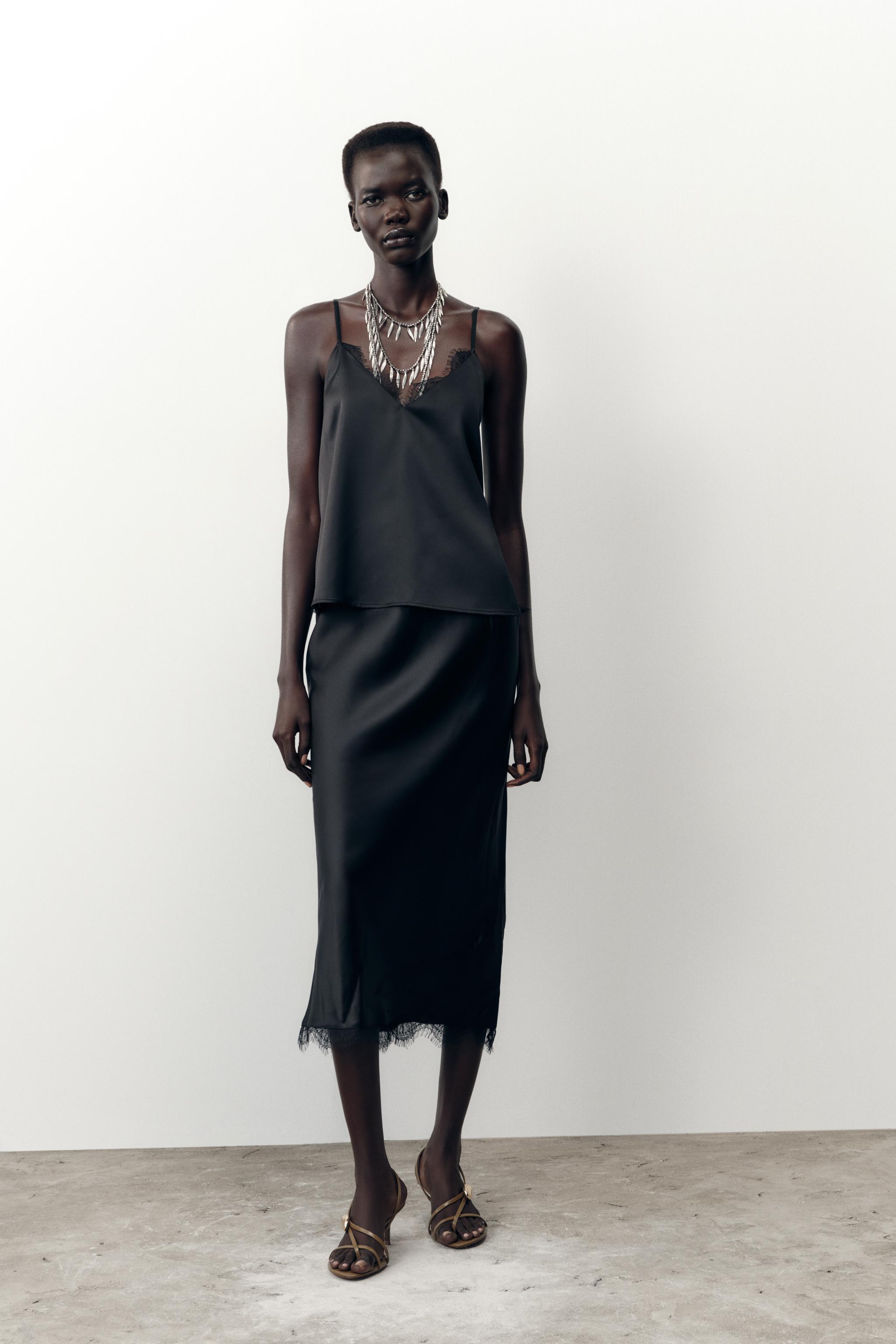 サテン地レーストリムトップス - ブラック | ZARA Japan / 日本