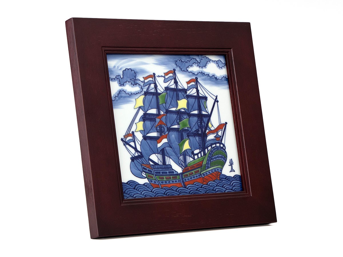 源右衛門窯 染錦和蘭船 陶額 / げんえもんがま 染錦和蘭船 陶額