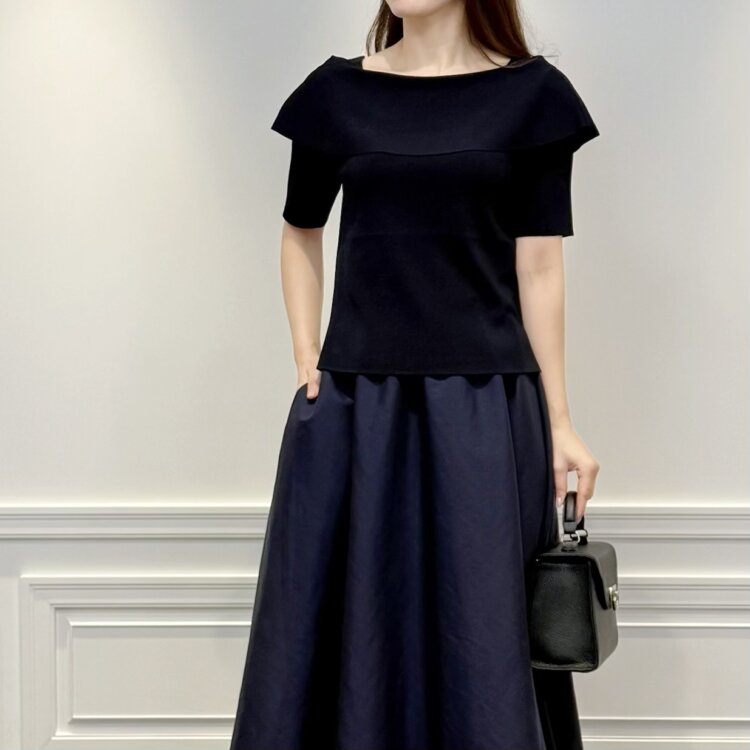 Mプルミエ ニットジョーゼットサイドパールボタンジャンパースカート