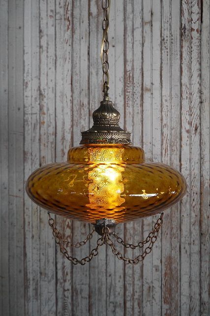 60s ビンテージ LEVITON 吊り下げ式 アンバーガラス ライト ランプ 60s