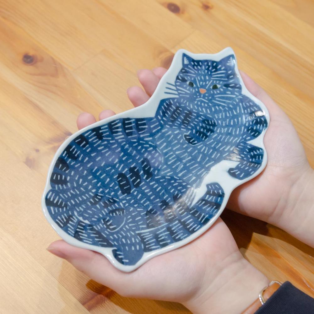 中皿 ねこ(大) 青猫 katakata 約21.5cm×12cm 印判手皿 【ホーム