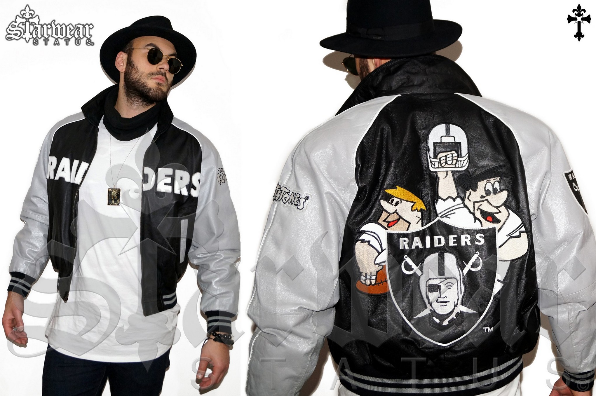 90s Flintstones LA Raiders Leather Bomber Varsity NFL Football