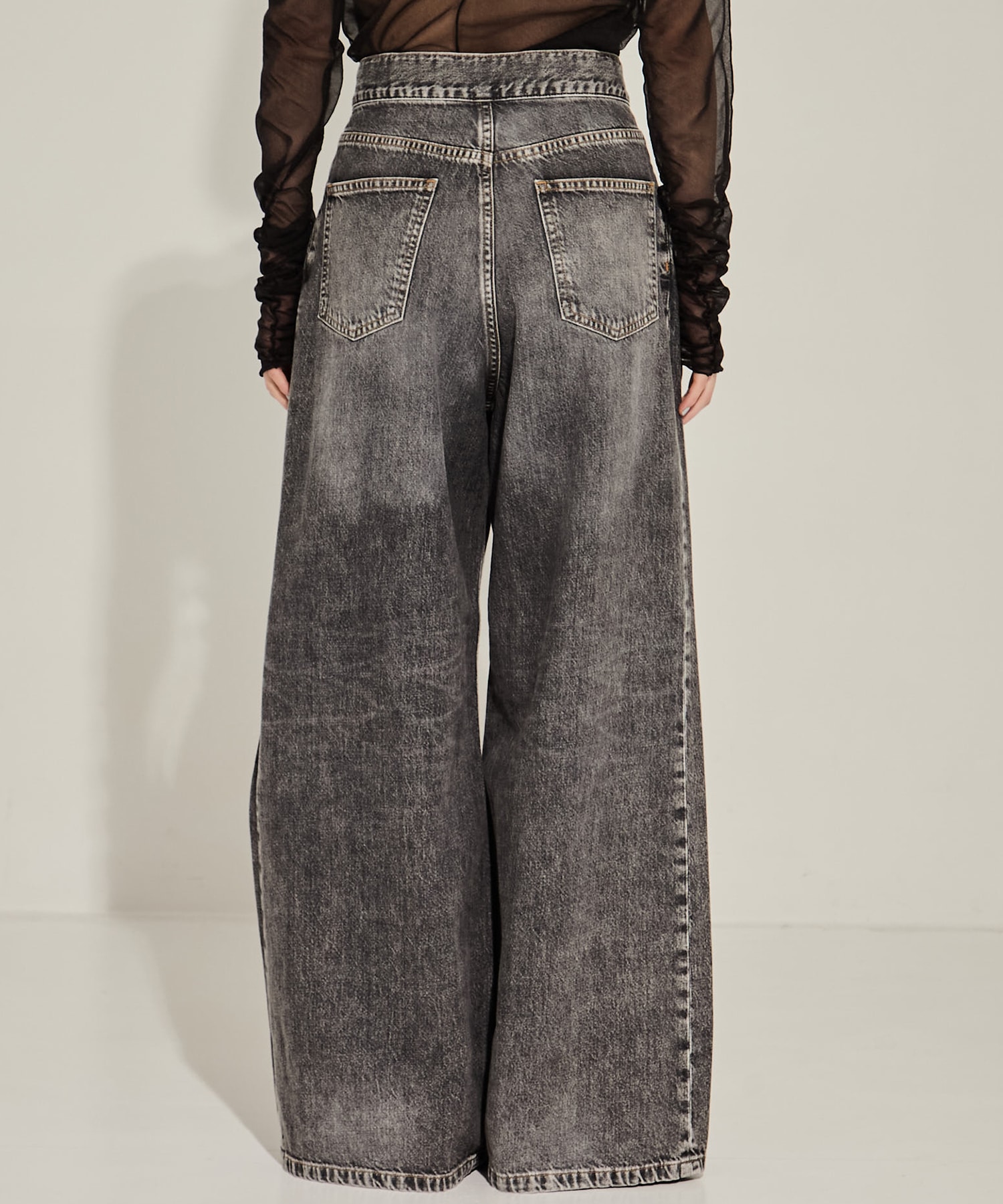 WASHED DENIM WIDE PANTS (SHORT LENGTH)(XS BLACK): JOHN LAWRENCE