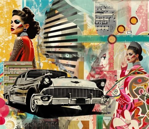 コラージュ技法の基本と実例 - 太陽と富士山と天使のしあわせの絵画