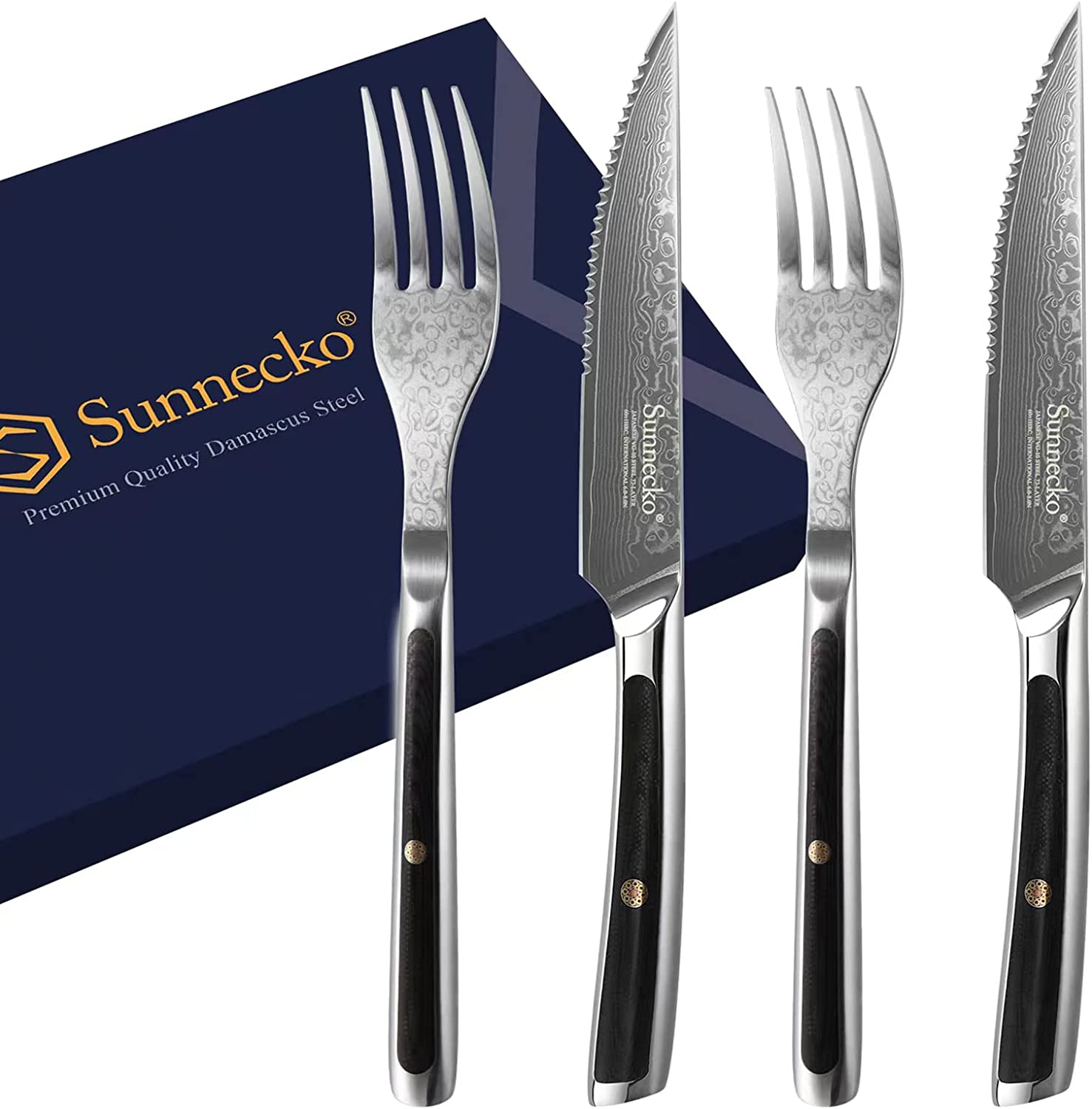 Damascus Cutlery】Sunnecko 4 PCS Damascus Serrated Steak Knife and