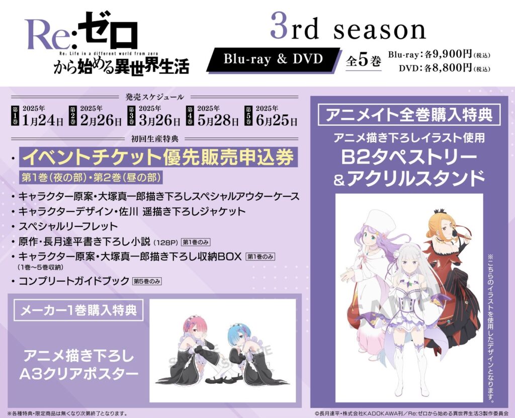 Re:ゼロから始める異世界生活 3rd season Blu-ray＆DVD 店舗別特典等