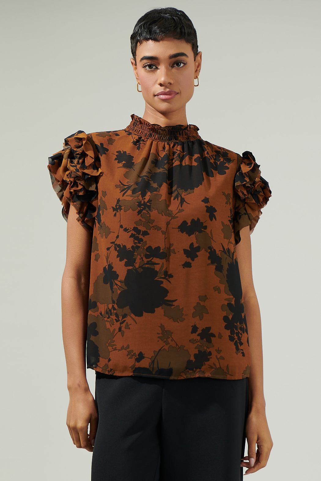 Sandy Floral Brenna Mock Neck Ruffle Blouse – Sugarlips