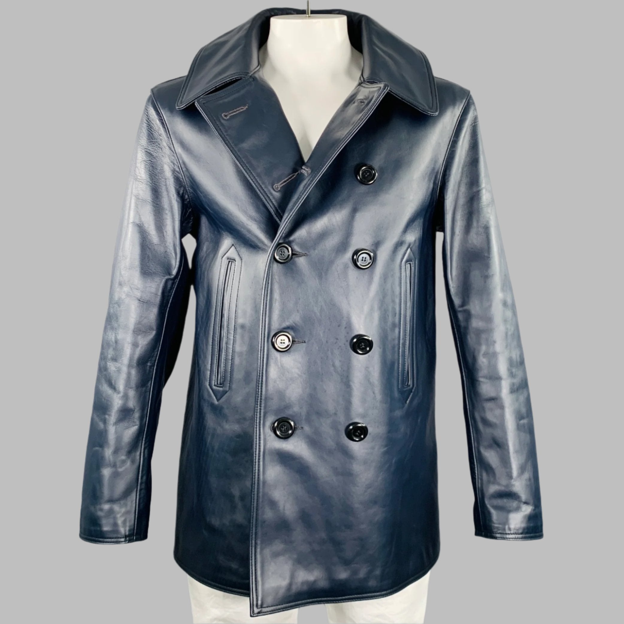 LOST WORLDS Size 44 Navy Leather Double Breasted Peacoat – Sui