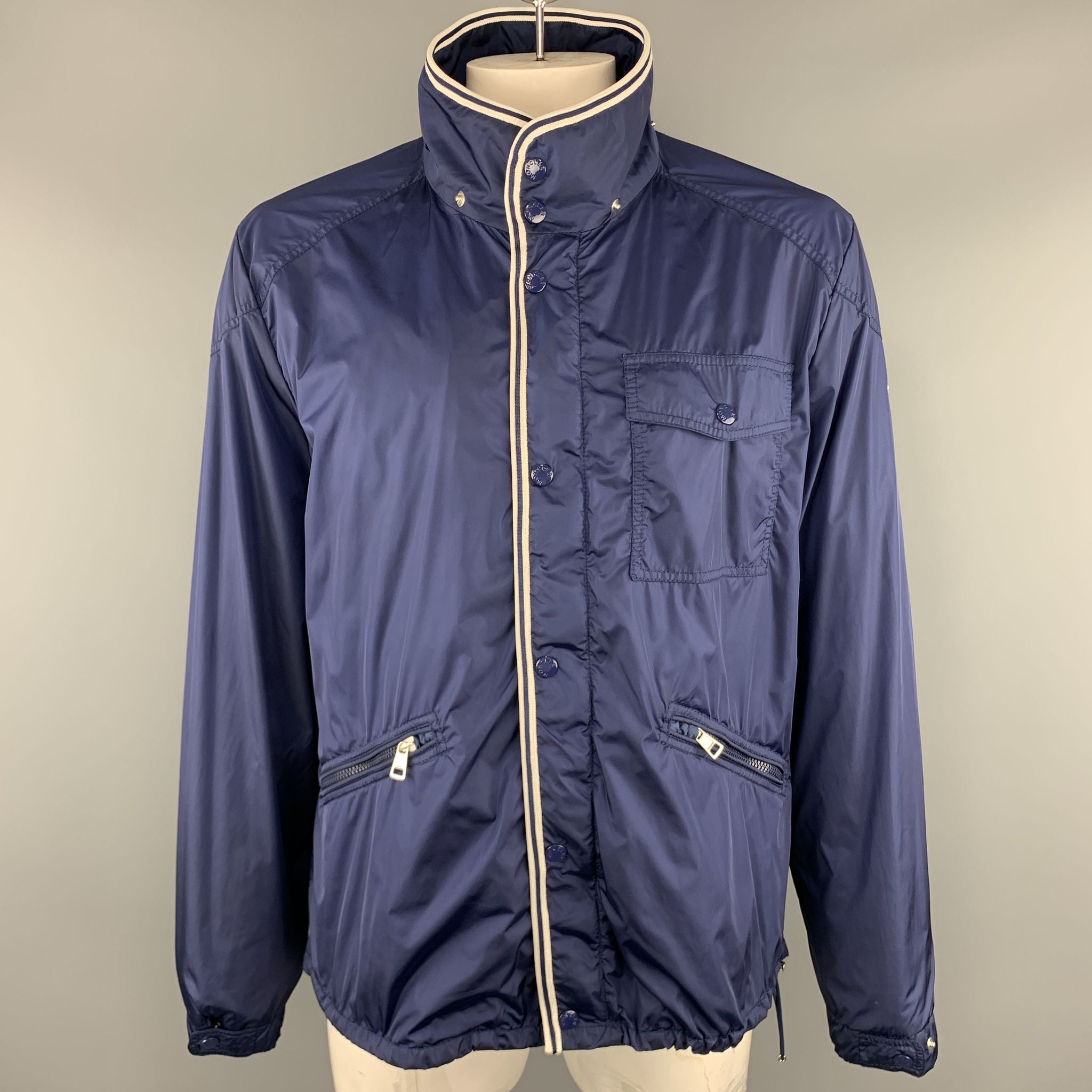 MONCLER Gustave Size XL Navy Solid Nylon Zip & Snaps Size Jacket