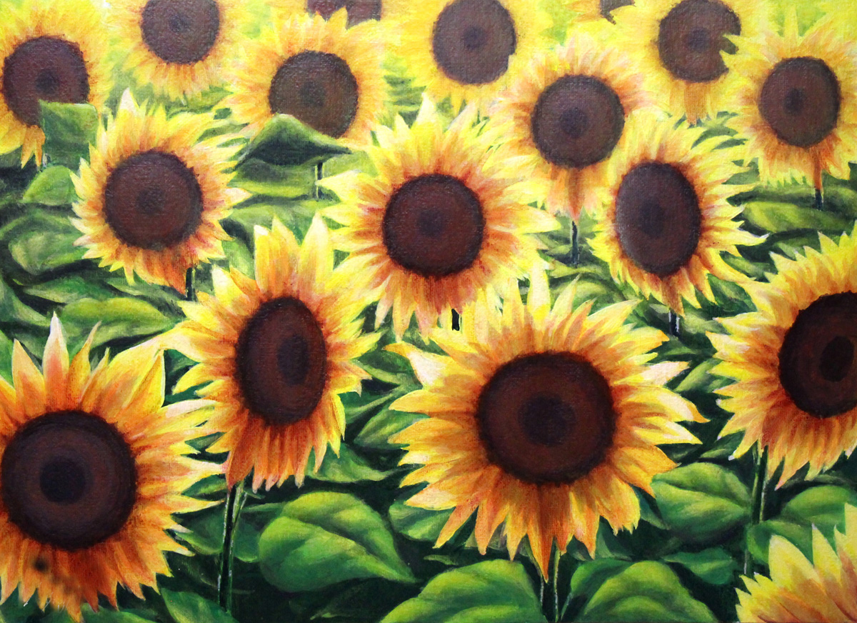 ひまわり畑の風景」をアクリル絵の具で描きました ｜ 毎日水彩画