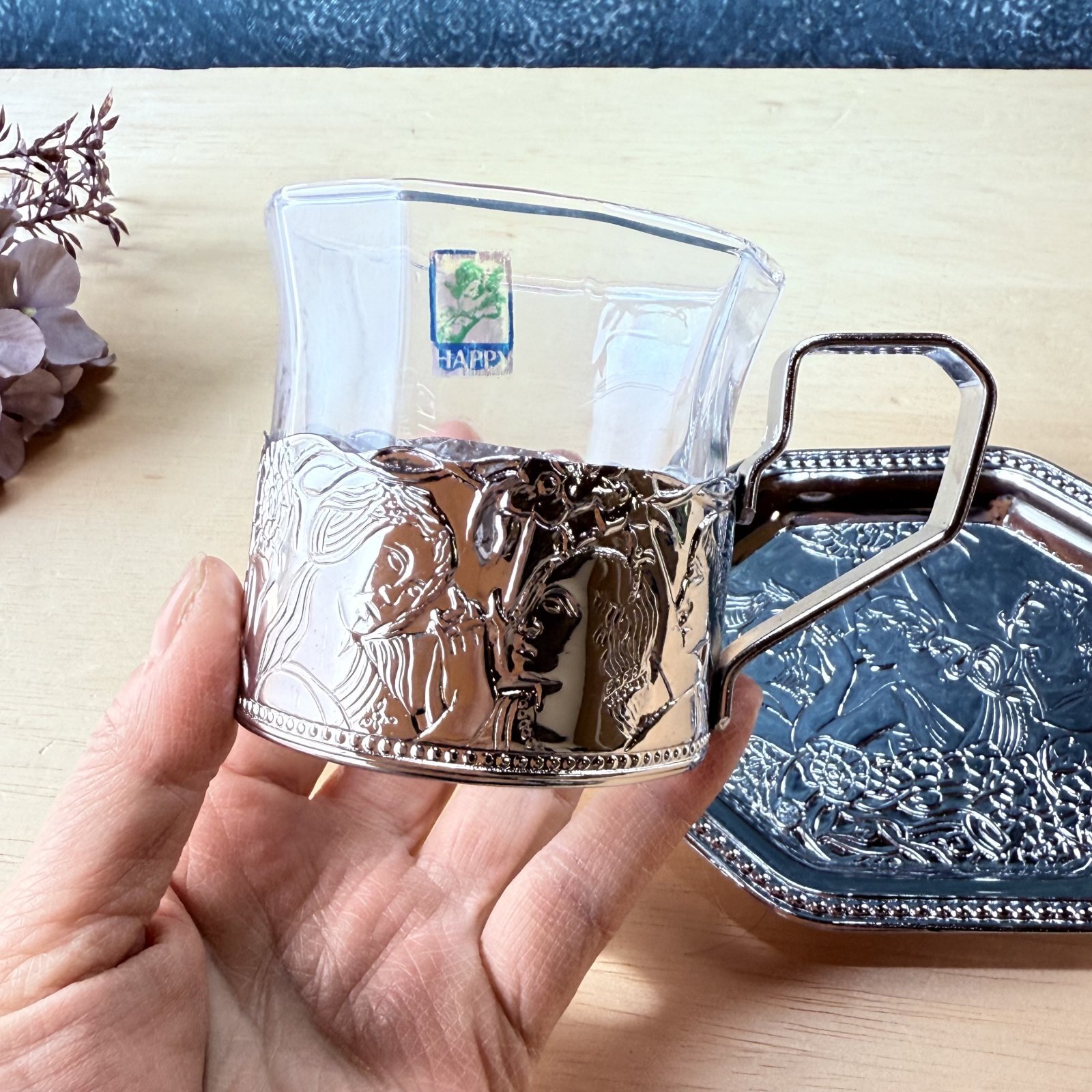 ステンレス製ホルダー ガラスカップ＆ソーサー シルバー