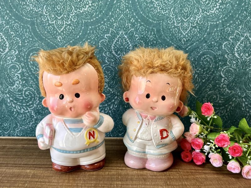 加藤工芸 陶器貯金箱 IVYちゃんバンク Dの子 Nの子 ペアセット vintageUSED
